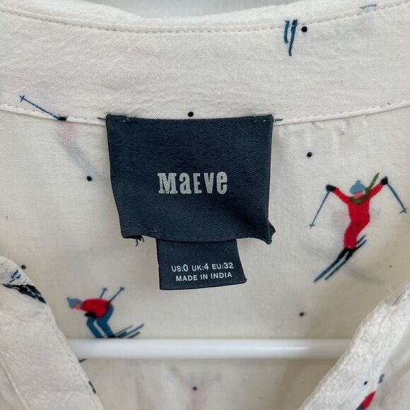 Maeve Anthropologie Skiers Pattern Off White Button Down Collared Shirt Size 0 - Picture 5 of 8